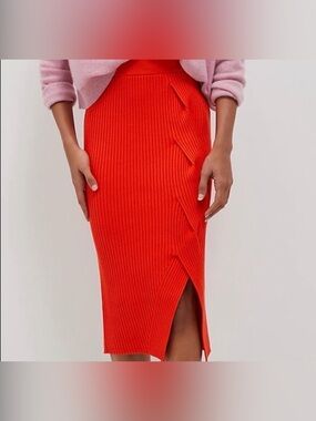 Anthropologie Maeve Red Orange Ribbed Knit Midi Sweater Skirt with Front Slit
